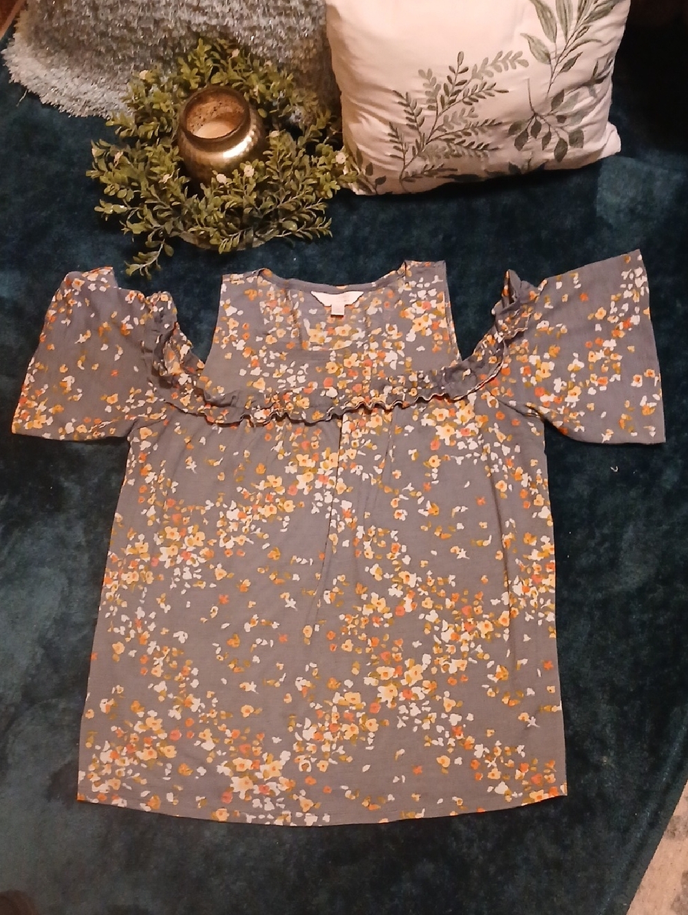 LC Lauren Conrad Gray Floral Ruffle Top with Yellow & Orange Accents